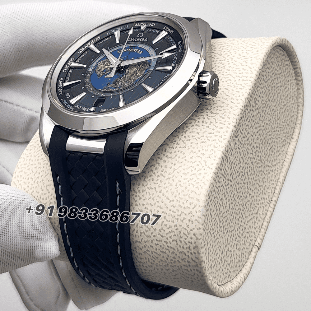 Omega Seamaster Aqua Terra Steel on Rubber 150m Co-Axial Master Chronometer GMT Worldtimer 43mm Exact 1:1 Top Quality Super Clone Replica Swiss ETA 8938 Automatic Movement Watch