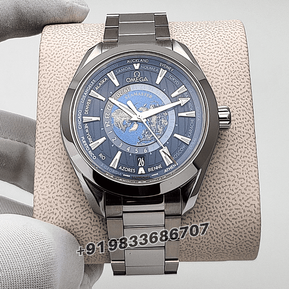 Omega Seamaster Aqua Terra Steel on Steel 150m Co-Axial Master Chronometer GMT Worldtimer 43mm Exact 1:1 Top Quality Super Clone Replica Swiss ETA 8938 Automatic Movement Watch