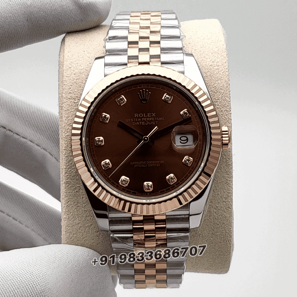 Rolex Datejust Oystersteel and Everose Gold Chocolate with Diamonds Set Dial 41mm Exact 1:1 Top Quality Super Clone Swiss ETA 3235 Automatic Movement Watch