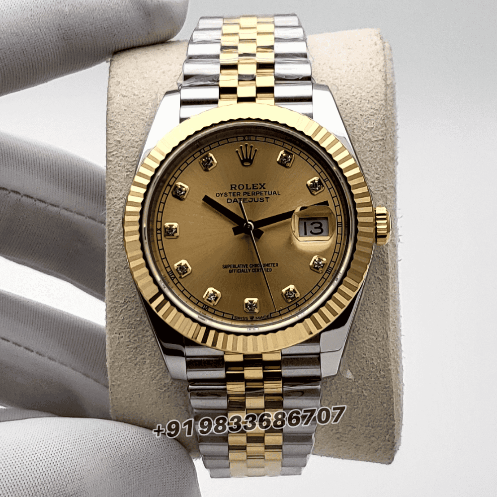 Rolex Datejust Oystersteel and Yellow Gold Champagne-Colour with Diamonds Set Dial 41mm Exact 1:1 Top Quality Super Clone Swiss ETA 3235 Automatic Movement Watch
