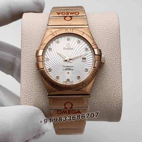 omega constellation first copy Co Axial Chronometer Rose Gold White Dial