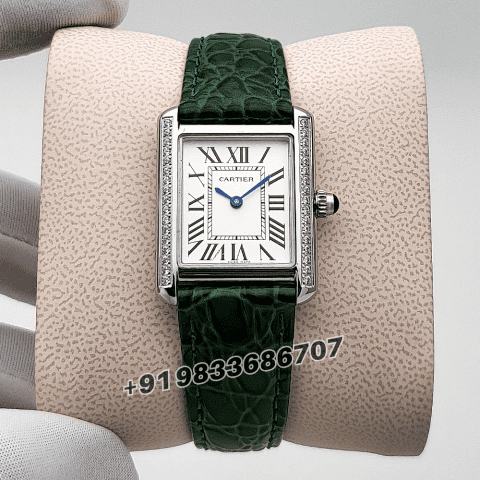 Cartier Tank Louis Diamonds Set Bezel Green Strap High Quality First Copy Women’s Watch