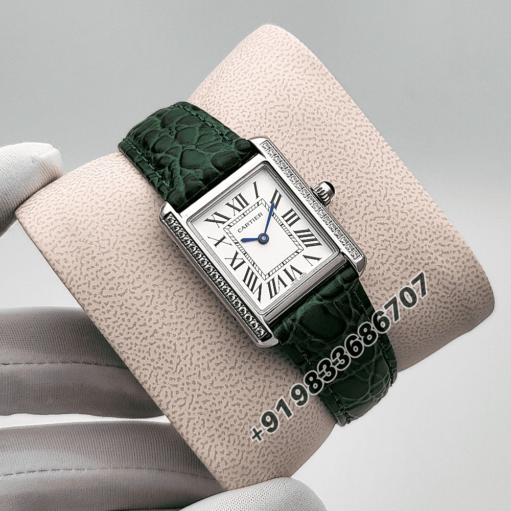 Cartier Tank Louis Diamonds Set Bezel Green Strap High Quality First Copy Women’s Watch - Image 3