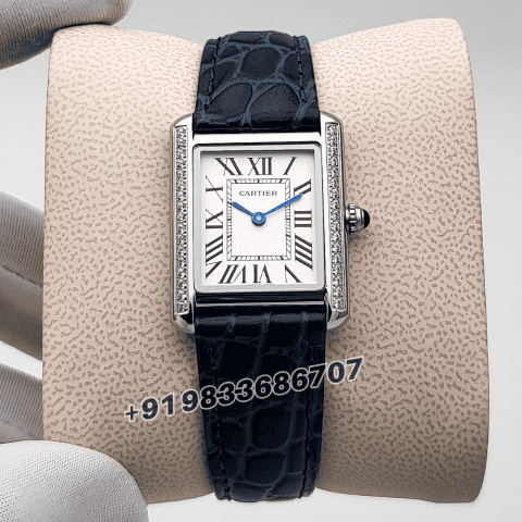 Cartier Tank Louis Diamonds Set Bezel White Dial Blue Strap High Quality First Copy Women’s Watch