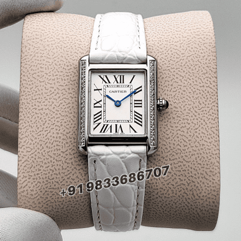 Cartier Tank Louis Diamonds Set Bezel White Strap High Quality First Copy Women’s Watch