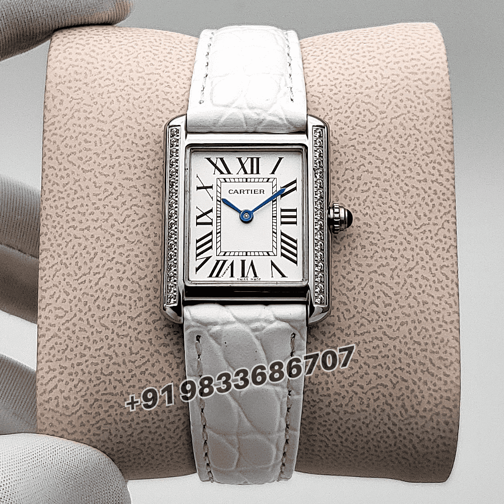 Cartier Tank Louis Diamonds Set Bezel White Strap High Quality First Copy Women’s Watch