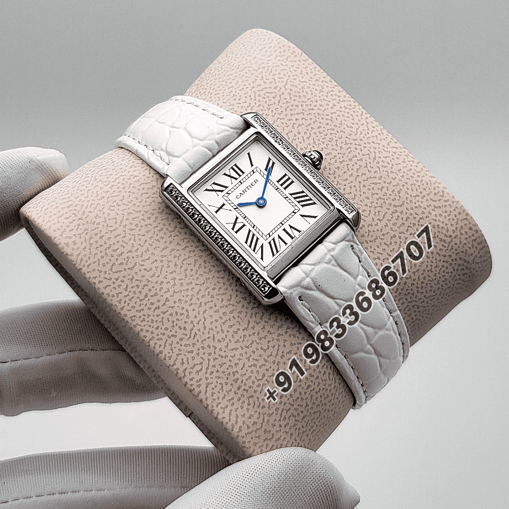 Cartier Tank Louis Diamonds Set Bezel White Strap High Quality First Copy Women’s Watch - Image 3