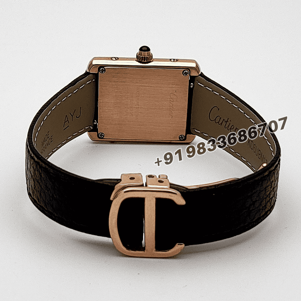 Cartier Tank Louis Rose Gold White Dial Black Strap High Quality First Copy Women’s Watch - Image 4