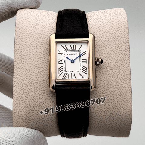 Cartier Tank Louis Rose Gold White Dial Black Strap High Quality First Copy Women’s Watch