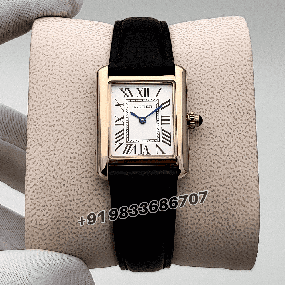 Cartier Tank Louis Rose Gold White Dial Black Strap High Quality First Copy Women’s Watch