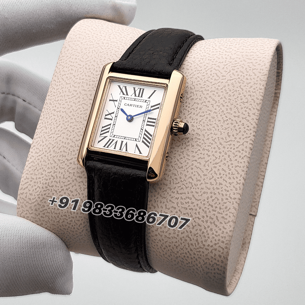 Cartier Tank Louis Rose Gold White Dial Black Strap High Quality First Copy Women’s Watch - Image 2