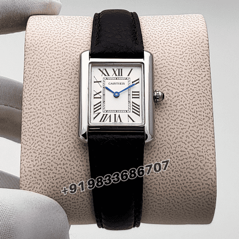 Cartier Tank Louis Stainless Steel White Dial Black Leather Strap High Quality First Copy Women’s Watch