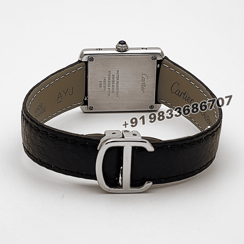 Cartier Tank Louis Stainless Steel White Dial Black Leather Strap High Quality First Copy Women’s Watch - Image 4