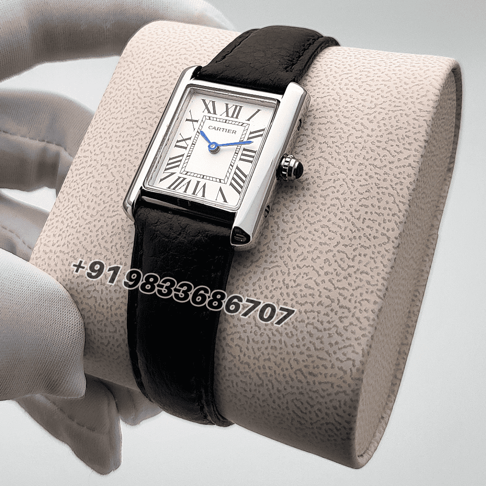 Cartier Tank Louis Stainless Steel White Dial Black Leather Strap High Quality First Copy Women’s Watch - Image 2