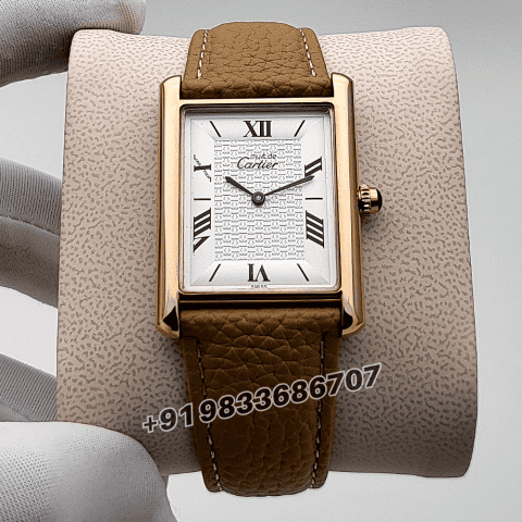 Cartier Tank Rose Gold White Dial Brown Leather Strap High Quality First Copy Watch
