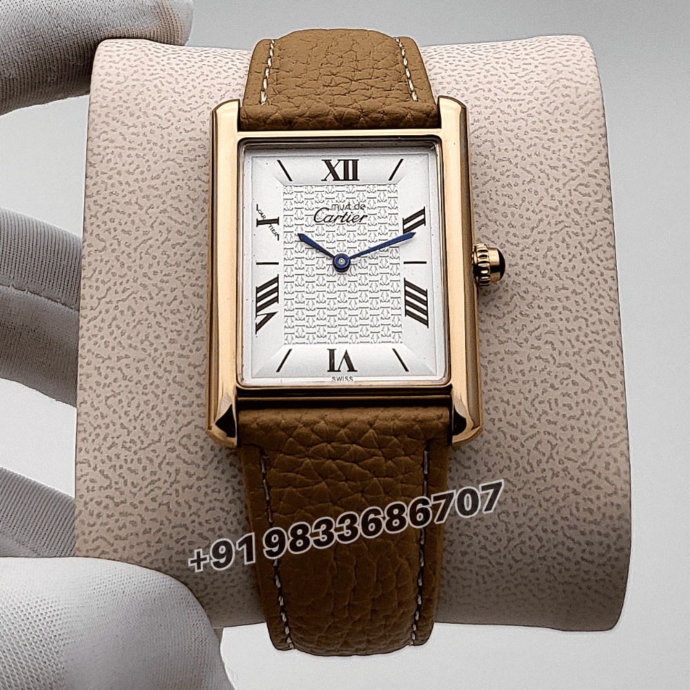 Cartier Tank Rose Gold White Dial Brown Leather Strap High Quality First Copy Watch