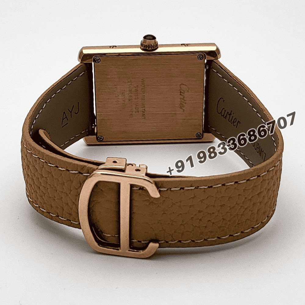 Cartier Tank Rose Gold White Dial Brown Leather Strap High Quality First Copy Watch - Image 4