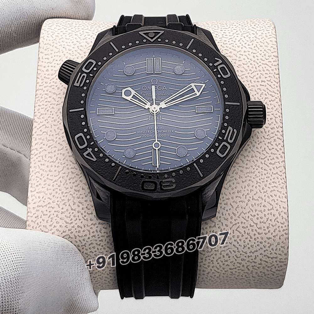 Omega Seamaster Diver 300M Black Ceramic On Rubber Strap Black Dial 43.5mm Exact 1:1 Top Quality Super Clone Replica Swiss ETA 8806 Automatic Movement Watch