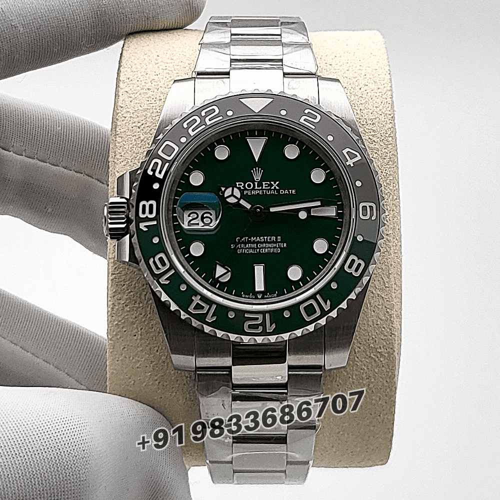 Rolex GMT Master II White Gold Left-Hand Green Ceramic Dial 40mm Exact 1:1 Top Quality Super Clone Replica Swiss ETA 3285 Automatic Movement Watch