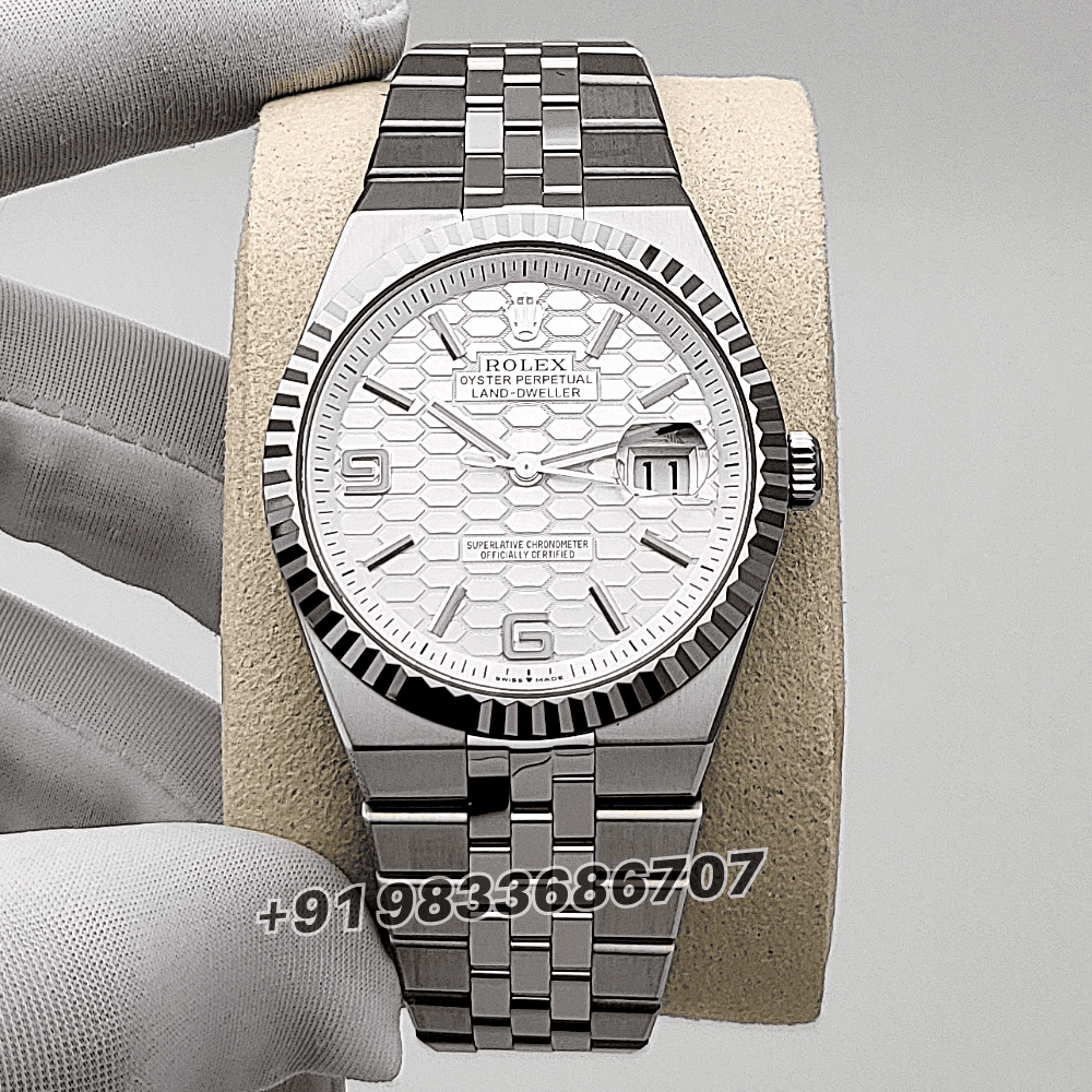 Rolex Land-Dweller 40mm Oystersteel and White Gold Intense White Honeycomb Motif Dial Exact 1:1 Top Quality Replica Super Clone Swiss ETA 7135 Automatic Movement Watch