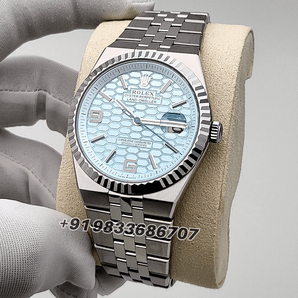 Rolex Land-Dweller 40mm Platinum Ice Blue Honeycomb Motif Dial Exact 1:1 Top Quality Replica Super Clone Swiss ETA 7135 Automatic Movement Watch - Image 2