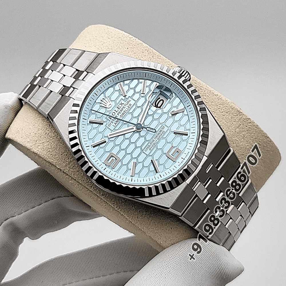 Rolex Land-Dweller 40mm Platinum Ice Blue Honeycomb Motif Dial Exact 1:1 Top Quality Replica Super Clone Swiss ETA 7135 Automatic Movement Watch - Image 3