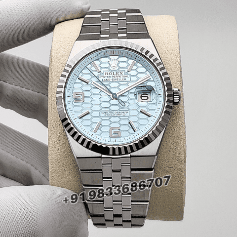 Rolex Land-Dweller 40mm Platinum Ice Blue Honeycomb Motif Dial Exact 1:1 Top Quality Replica Super Clone Swiss ETA 7135 Automatic Movement Watch