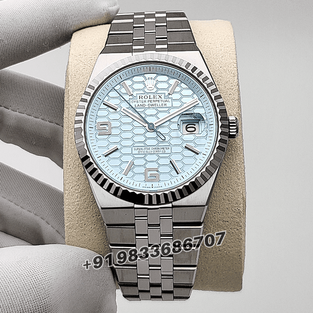 Rolex Land-Dweller 40mm Platinum Ice Blue Honeycomb Motif Dial Exact 1:1 Top Quality Replica Super Clone Swiss ETA 7135 Automatic Movement Watch