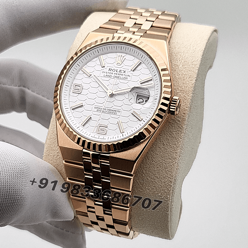 Rolex Land-Dweller 40mm Everose Gold White Honeycomb Motif Dial Exact 1:1 Top Quality Replica Super Clone Swiss ETA 7135 Automatic Movement Watch - Image 2