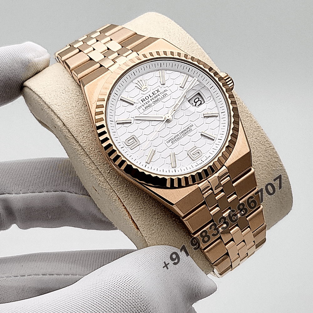Rolex Land-Dweller 40mm Everose Gold White Honeycomb Motif Dial Exact 1:1 Top Quality Replica Super Clone Swiss ETA 7135 Automatic Movement Watch - Image 3