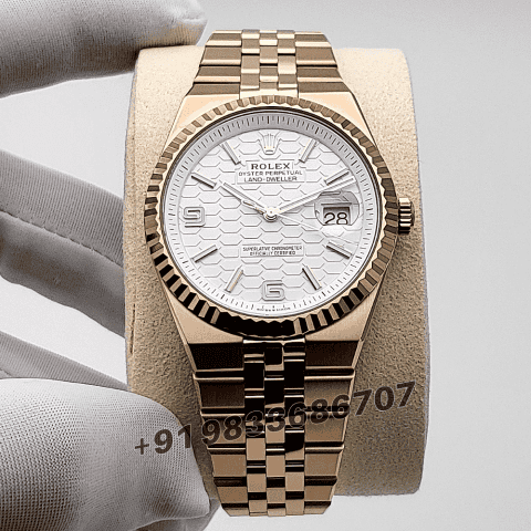 Rolex Land-Dweller 40mm Everose Gold White Honeycomb Motif Dial Exact 1:1 Top Quality Replica Super Clone Swiss ETA 7135 Automatic Movement Watch