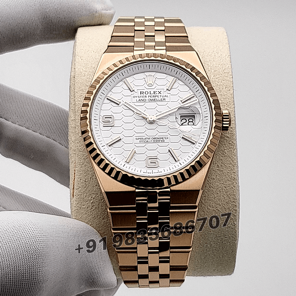Rolex Land-Dweller 40mm Everose Gold White Honeycomb Motif Dial Exact 1:1 Top Quality Replica Super Clone Swiss ETA 7135 Automatic Movement Watch
