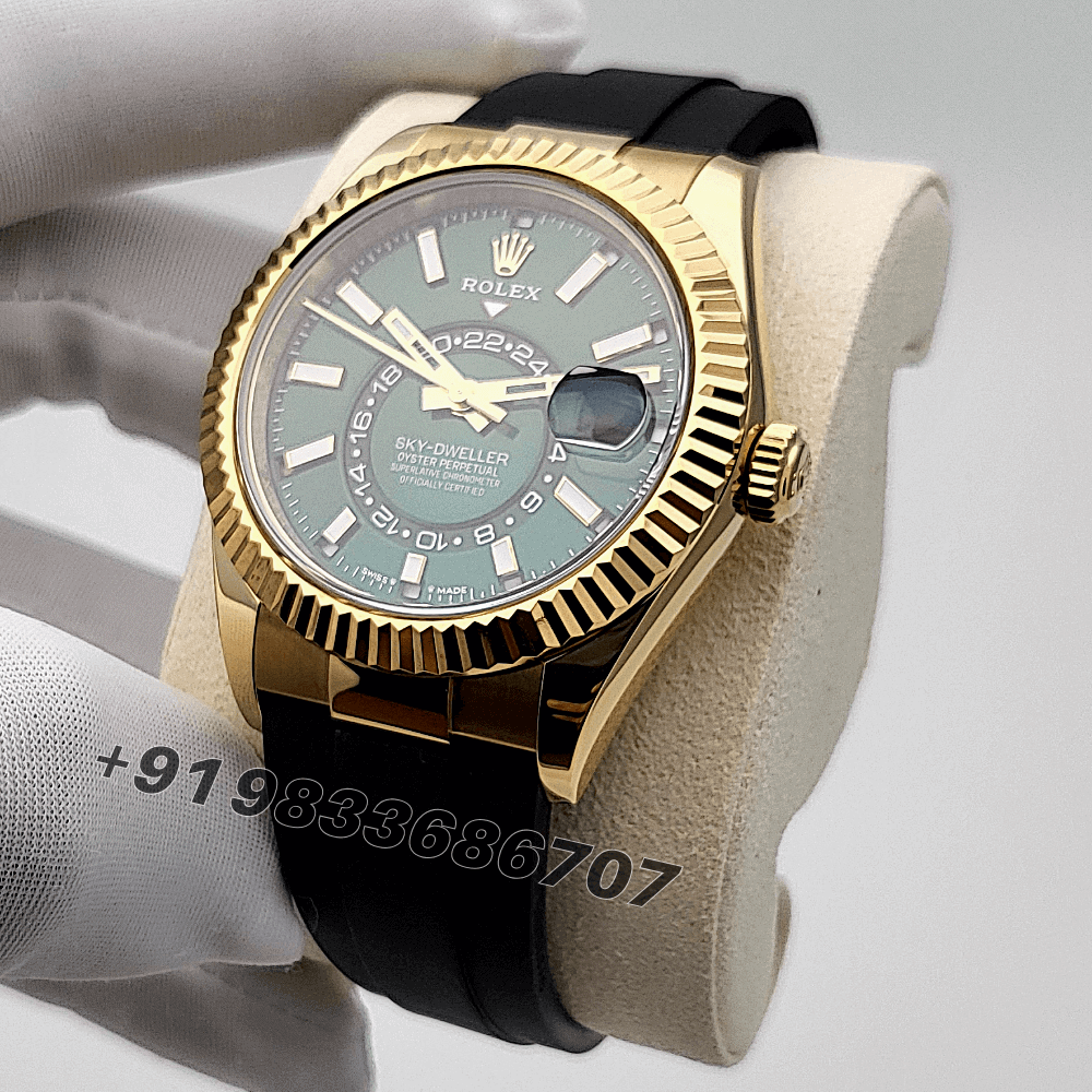 Rolex Sky-Dweller 18ct Yellow Gold Oysterflex Bright Green Dial 42mm Exact 1:1 Top Quality Super Clone Replica Swiss ETA 9002 Automatic Movement Watch - Image 2