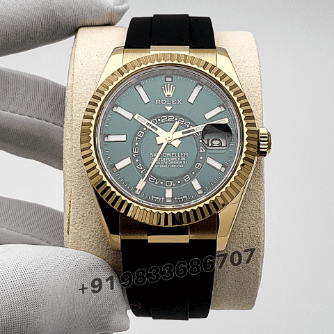 Rolex Sky-Dweller 18ct Yellow Gold Oysterflex Bright Green Dial 42mm Exact 1:1 Top Quality Super Clone Replica Swiss ETA 9002 Automatic Movement Watch