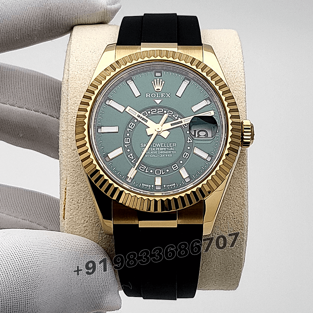 Rolex Sky-Dweller 18ct Yellow Gold Oysterflex Bright Green Dial 42mm Exact 1:1 Top Quality Super Clone Replica Swiss ETA 9002 Automatic Movement Watch