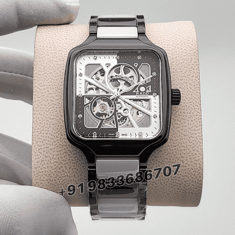 Rado True Square Black and White Open Heart Diamonds High Quality Swiss Automatic Movement Watch