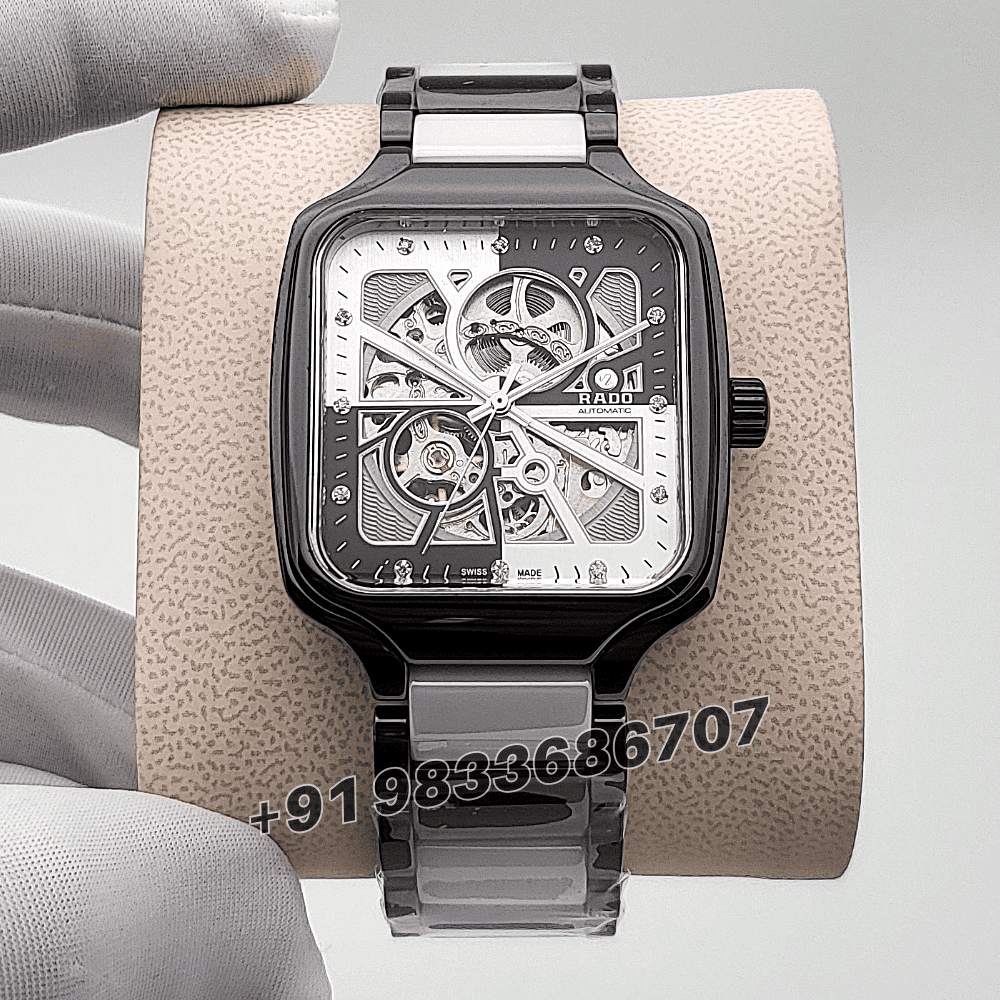 Rado True Square Black and White Open Heart Diamonds High Quality Swiss Automatic Movement Watch
