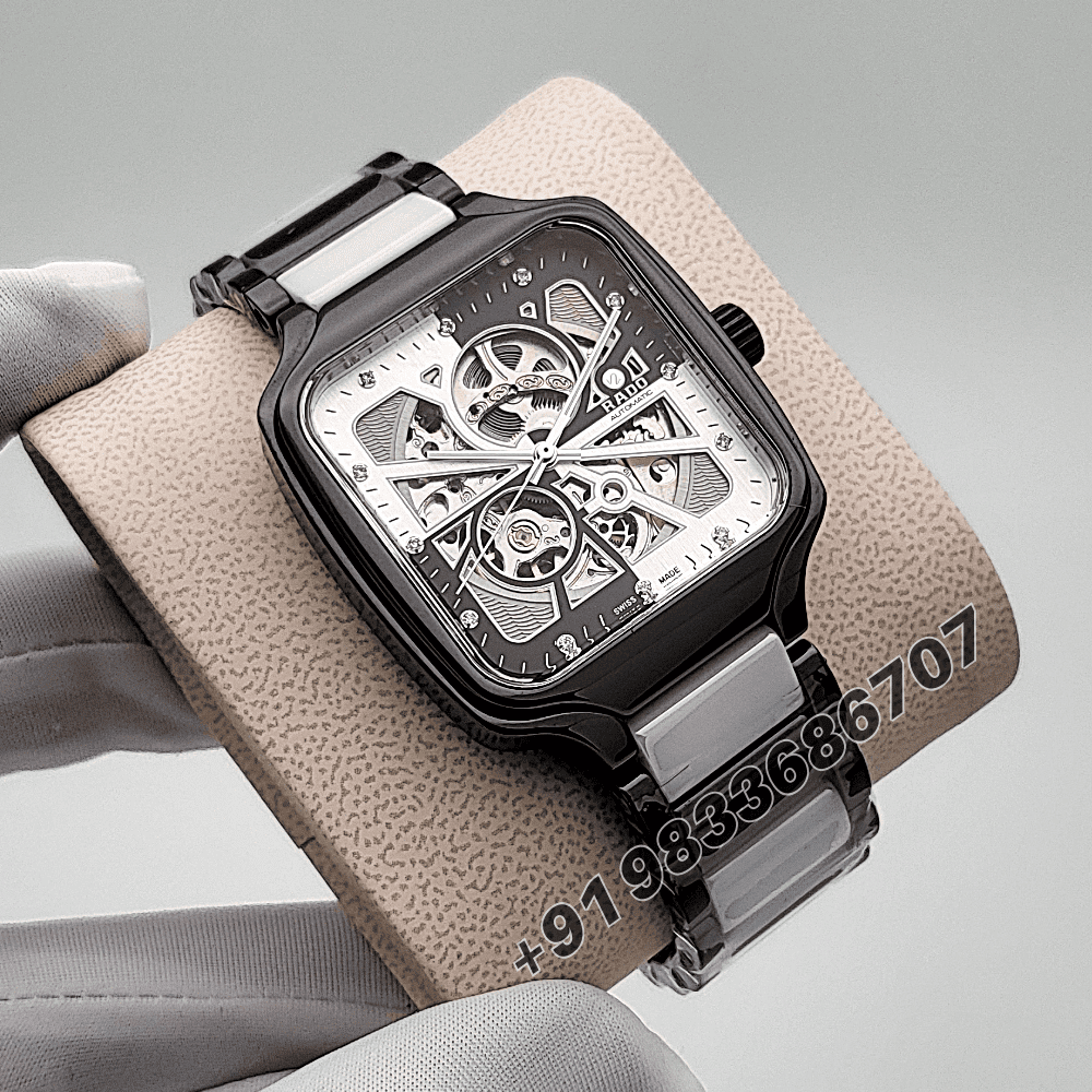 Rado True Square Black and White Open Heart Diamonds High Quality Swiss Automatic Movement Watch - Image 3