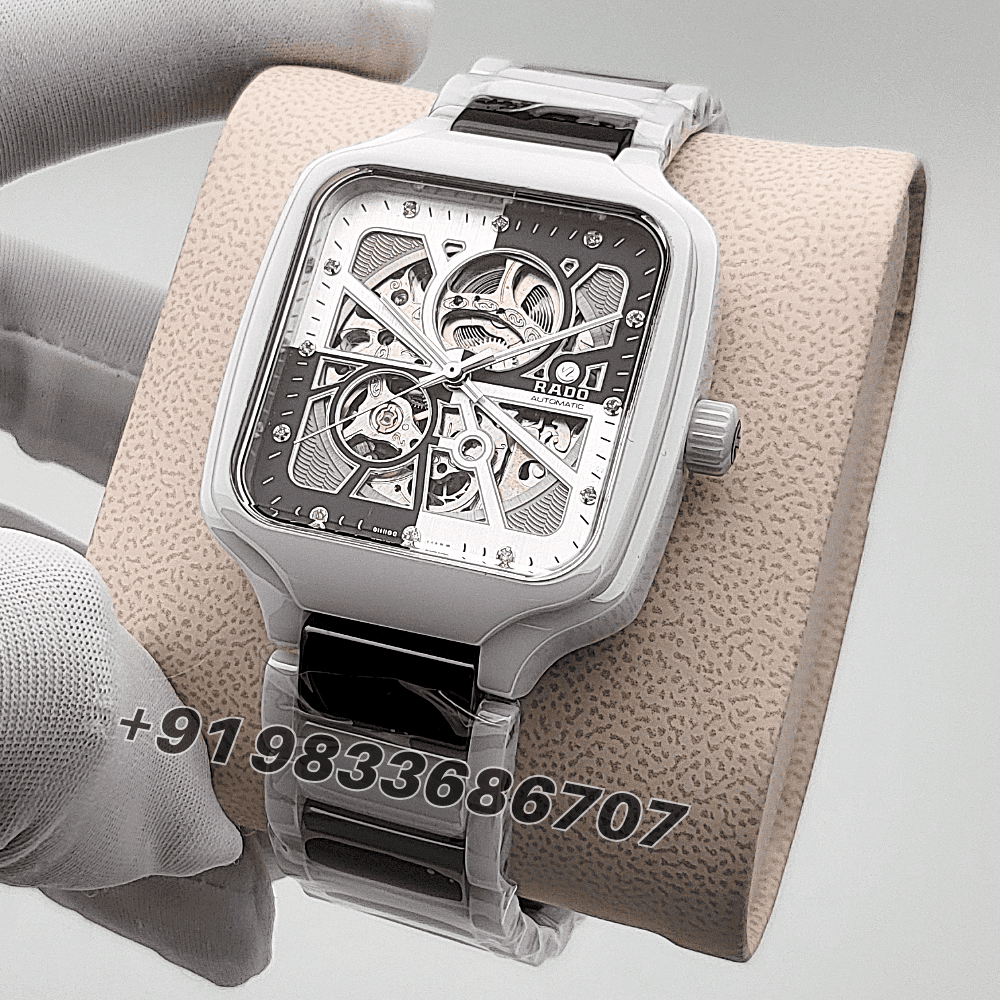 Rado True Square White and Black Open Heart Diamonds High Quality Swiss Automatic Movement Watch - Image 2