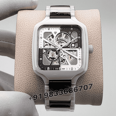Rado True Square White and Black Open Heart Diamonds High Quality Swiss Automatic Movement Watch