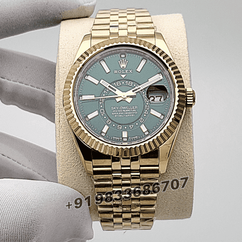 Rolex Sky-Dweller 18kt Yellow Gold Oysterflex Bright Green Dial 42mm Jubilee Bracelet Exact 1:1 Top Quality Super Clone Replica Swiss ETA 9002 Automatic Movement Watch
