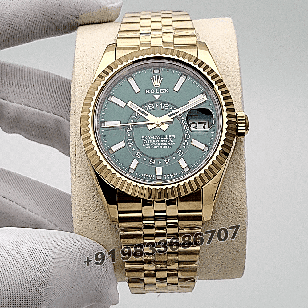 Rolex Sky-Dweller 18kt Yellow Gold Oysterflex Bright Green Dial 42mm Jubilee Bracelet Exact 1:1 Top Quality Super Clone Replica Swiss ETA 9002 Automatic Movement Watch