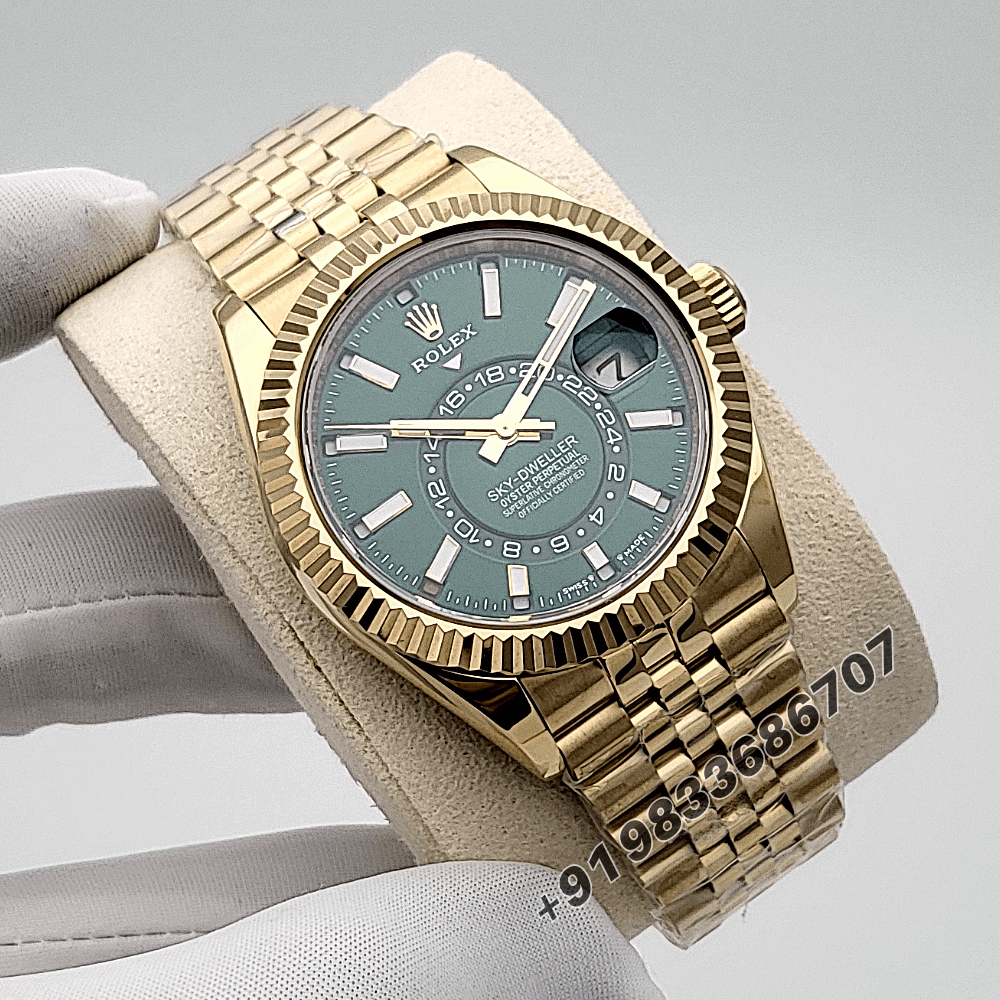 Rolex Sky-Dweller 18kt Yellow Gold Oysterflex Bright Green Dial 42mm Jubilee Bracelet Exact 1:1 Top Quality Super Clone Replica Swiss ETA 9002 Automatic Movement Watch - Image 3