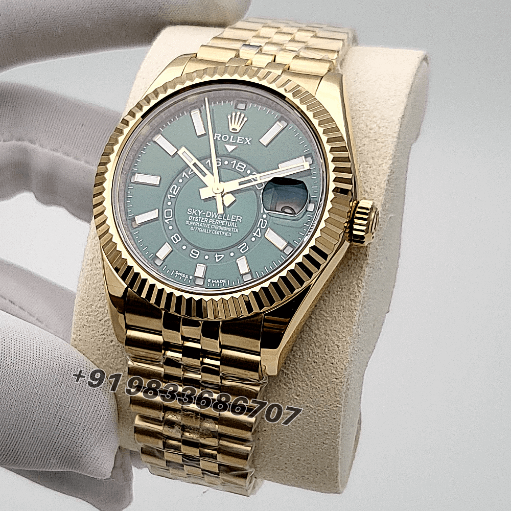 Rolex Sky-Dweller 18kt Yellow Gold Oysterflex Bright Green Dial 42mm Jubilee Bracelet Exact 1:1 Top Quality Super Clone Replica Swiss ETA 9002 Automatic Movement Watch - Image 2