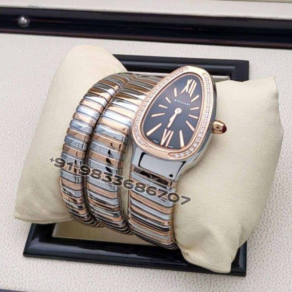 Bulgari Serpenti Dual Tone Double Spiral Black Dial Brilliant Cut Diamond Set Bezel Super High Quality Watch