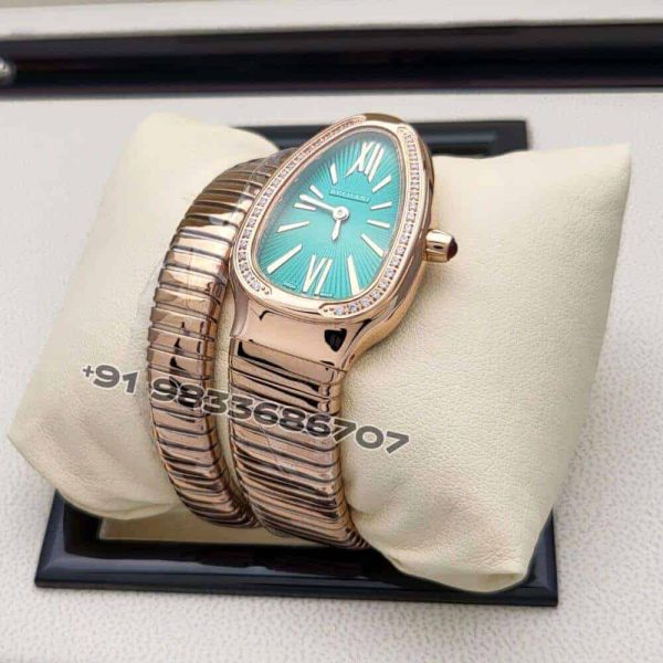 Bulgari Serpenti Rose Gold Single Spiral Green Dial Brilliant Cut Diamond Set Bezel Super High Quality Watch
