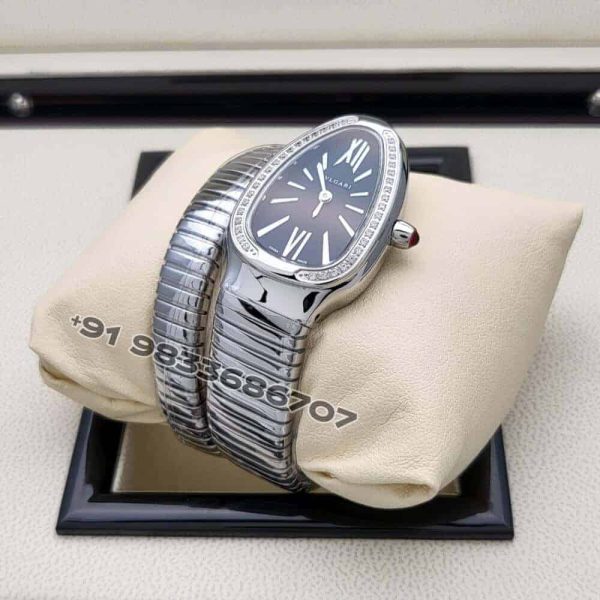 Bulgari Serpenti Stainless Steel Single Spiral Black Dial Brilliant Cut Diamond Set Bezel Super High Quality Watch