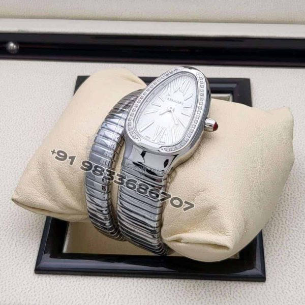 Bulgari Serpenti Stainless Steel Single Spiral White Dial Brilliant Cut Diamond Set Bezel Super High Quality Watch