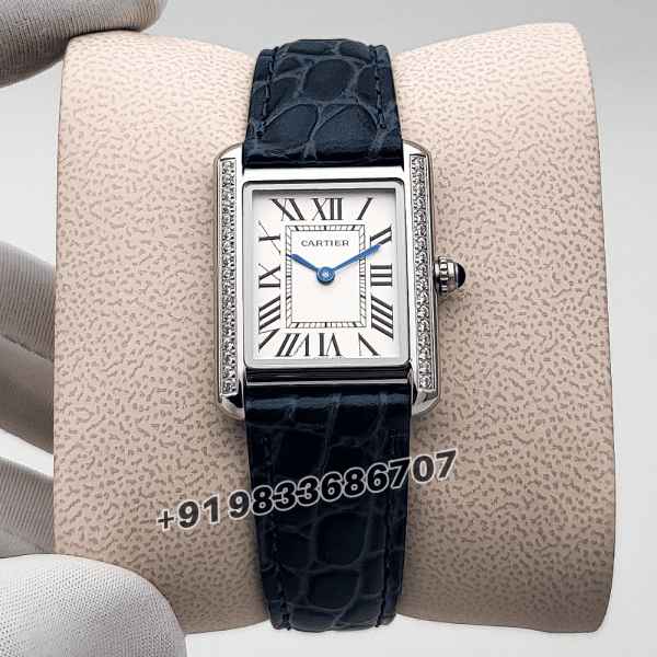 Cartier Tank Louis Diamonds Set Bezel White Dial Blue Strap High Quality First Copy Women’s Watch (1)