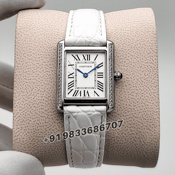 Cartier Tank Louis Diamonds Set Bezel White Strap High Quality First Copy Women’s Watch (1)
